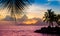 Sunset on the beach with silhouette of palms. Colorful summer vacation evening landscape.