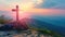Sunset beams radiate around a solitary cross on a mountaintop.
