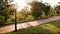 Sunset in a Beautiful Park. People are resting among the green trees