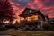 sunset behind a craftsman house with overhanging eaves