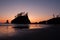 Sunset behind sea stacks