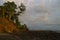 Sunset on a black rocky tropical waterfront with several trees growing on the hill