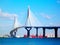 Sunset on the bridge of La Constitucion, called La Pepa, with boat sea in Cadiz, Andalusia. Spain