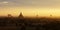 Sunset in buddhist temple,stupa,in Bagan with air balloon in the sky