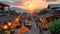 Sunset at a Bustling Outdoor Market with Vendors and Shoppers