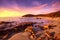 Sunset in Cala Violina bay beach in Maremma, Tuscany. Mediterranean sea. Italy.