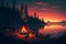 Sunset Campfire Burning Near Mountain Lake - Generative AI