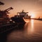 Sunset Cargo Ship at Busy Port