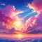 Sunset Cartoon summer sunrise with pink clouds and evening cloudy heaven Beautiful cloudscape with fluffy colorful