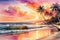 Sunset Casting a Warm Glow Over a Tranquil Beach, Palm Trees Swaying, Ocean\\\'s Gentle Undulations Reflecting Light