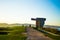 Sunset in Chillida`s Eulogy to the Horizon Elogio del Horizonte in Cerro de Santa Catalina, in Gijon, Asturias, Spain. Art