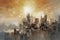 Sunset cityscape. Abstract painting. Urban design. Red orange beige color sky texture art collage illustration background