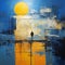 Sunset Cityscape Abstraction: A Dada Painting Of A Man By The Water