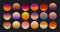 Sunset collection in retro 70s and 80s style with grunge texture. Vintage sunsets in different colors. Distressed striped circles