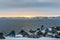 Sunset and colorful arctic houses at the Nuuk fjord,