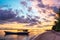 Sunset colorful sky on sea, tropical desert beach, no people, dramatic clouds, travel destination getting away, long exposure