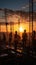 At sunset, construction site silhouettes include crane and diligent workers
