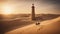 sunset in the desert A fantasy lighthouse in a desert oasis, with sand, palms, and camels. The lighthouse is made of clay