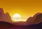 Sunset in desert - vector illustration natural background. Evening landscape with sun sets behind the mountains and yellow sky