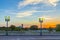 Sunset in downtown Houston at the old bridge with lanterns