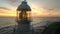 Sunset, drone and ocean with landscape of lighthouse nature, travel beacon and coastal landmark. Adventure, peace and