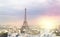 Sunset Eiffel tower and Paris city view form Triumph Arc. Eiffel Tower from Champ de Mars, Paris, France. Beautiful