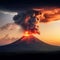 Sunset eruption Volcano spews fiery lava against the evening sky