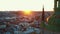 Sunset European cityscape skyline. Aerial cinematic shot of authentic spires of Dominican cathedral in Lviv, Ukraine.