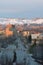 Sunset evening traffic on Capitol Boulevard downtown Boise Idaho winter snow foothills masthead text area wide angle vertical