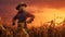sunset in the field a scarecrow standing tall in picturesque countryside, AI-Generated