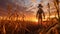 sunset in the field a scarecrow standing tall in picturesque countryside, AI-Generated