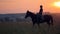 Sunset field with a stallion and a jockey girl riding it