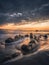 Sunset at the Flysch geological coastline, with Flysch formations in Zumaya in the Basque Country, Spain