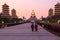 Sunset at Fo Guang Shan buddist temple of Kaohsiung, Taiwan with many tourists walking by.