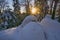 Sunset in forest on Lubietovsky Vepor on Polana mountains during winter