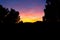 Sunset framed by trees and mountains