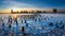 Sunset on the frozen Hudson River. Downtown Jersey City, New Jersey