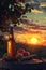 Sunset in garden with apple cider vinegar bottle, fresh apples, wooden barrel