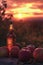 Sunset in garden with apple cider vinegar bottle, fresh apples, wooden barrel