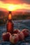 Sunset in garden with apple cider vinegar bottle, fresh apples, wooden barrel