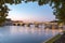 Sunset in the Garonne river and its bridges in Toulouse in Haute-Garonne, Occitania, France