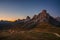 Sunset at the Giau Pass in the dolomites in fall. View of mount Nuvolau