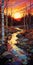 Sunset Glen: A Hyper Detailed Mosaic Of Birch Trees And Stream