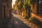Sunset Glow on Cobblestone Street in Quaint Old Town, AI Generated
