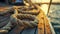 Sunset Glow on Nautical Rope on Wooden Dock