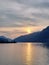 Sunset in golden and blue colors at the Walensee; Switzerland. space for text