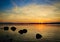 Sunset golden Bodega bay rocks California Pacific Ocean