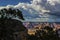 Sunset in the Grand Canyon with yellow light flooding the  formations in the distance and cliffs and trees in foreground in the