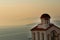 Sunset in greece with ocean and greek islands and church