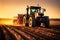 Sunset Harvest Modern Tractor and Agricultural Machinery Working in the Field. created with Generative AI